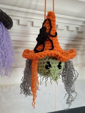 Halloween Witch Dangler Gray Orange With Spider Spooky Decoration Ornament Goth